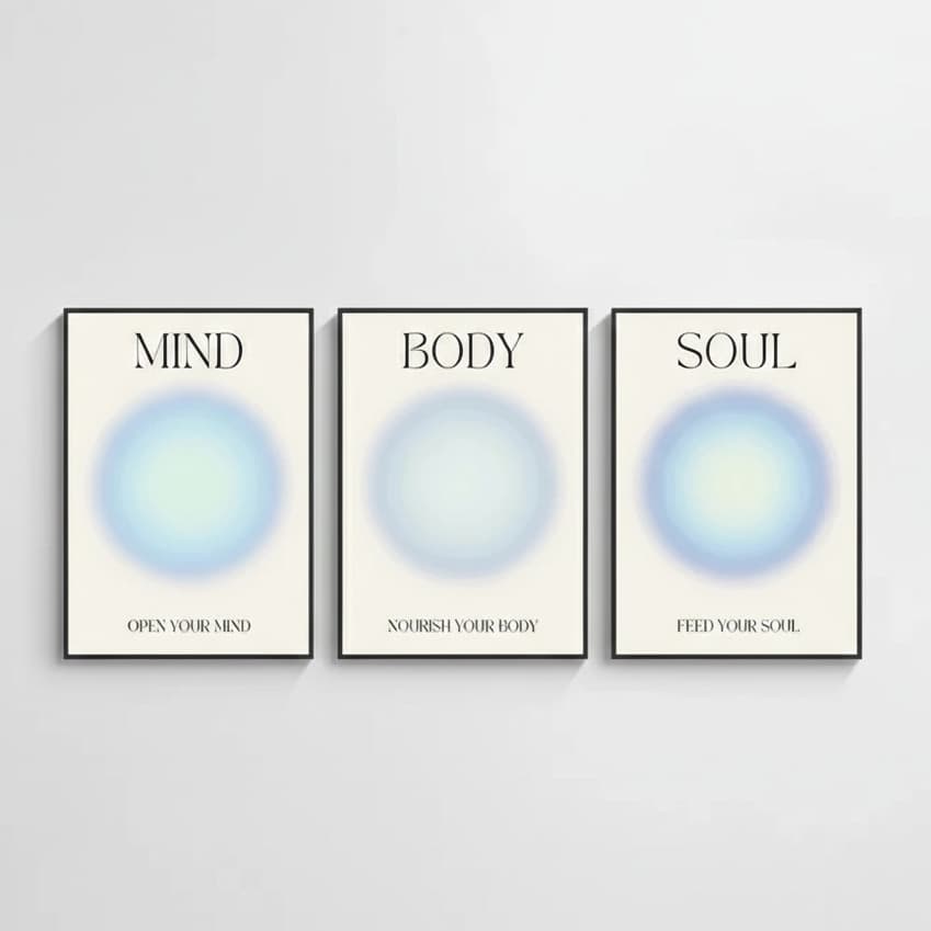 Quadros decorativos Mente Corpo Alma Positivo Aura Espiritual Granulado Azul (30x40 3 peças)