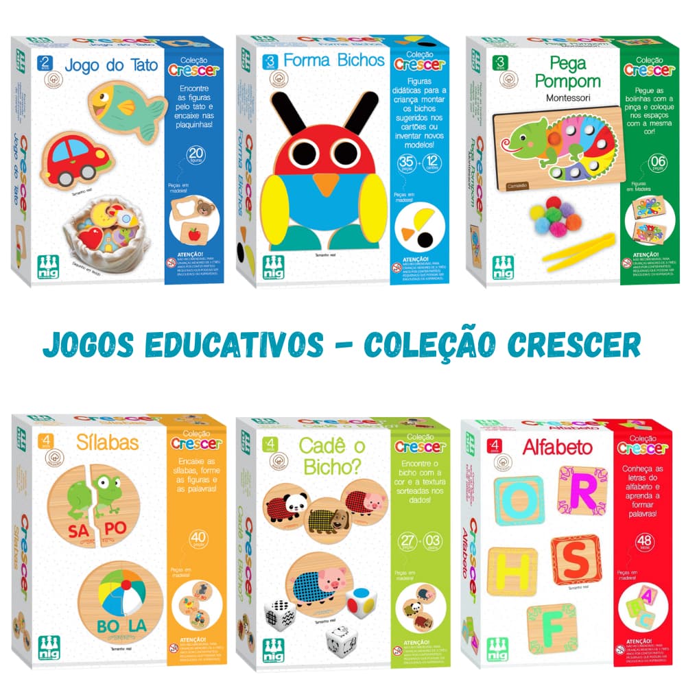 Jogos Educativos Madeira Coleção Crescer Nig – Jogo Tato Pega Pompom Cadê o Bicho Alfabeto Sílabas