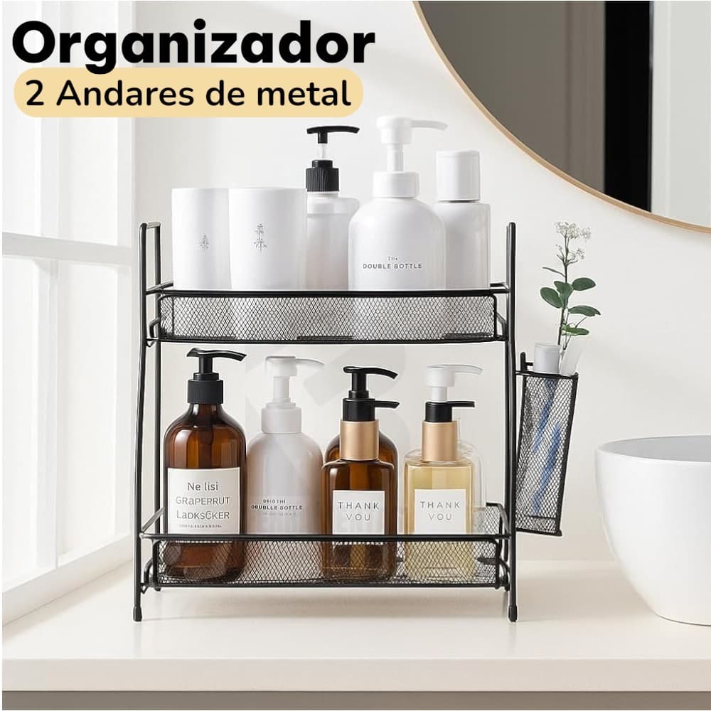 Organizador Banheiro 2 Prateleiras para Cozinha Banheiro Aramado de Metal preto ou branco