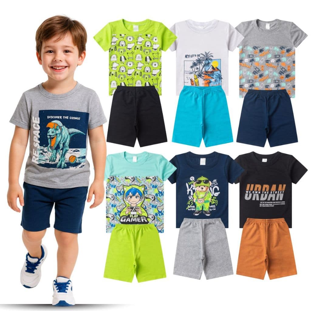 Kit 6 Peças Conjunto Infantil Menino Verão 3 Camisetas 3 Shorts Algodão Estampado Roupa 1 ao 8 Anos