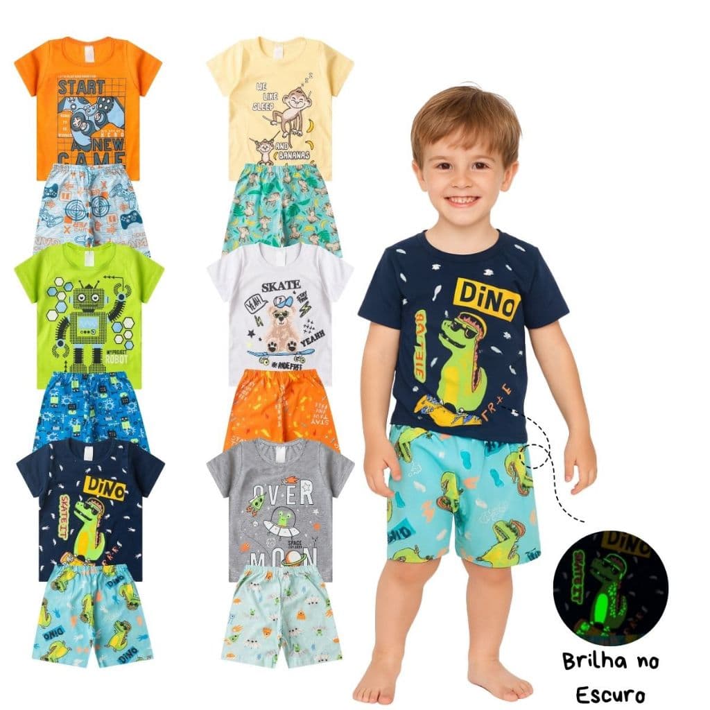 Kit 6 Peças Pijama Menino Verão Algodão 03 Camisetas e 03 Shorts Tamanho 1 ao 8 Anos