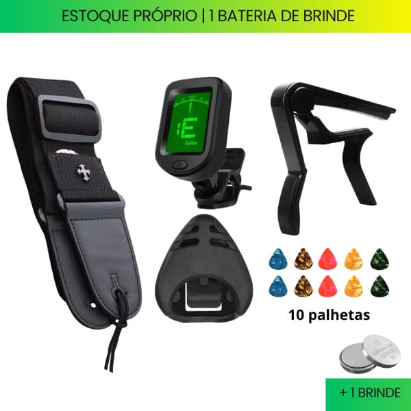 Kit Afinador de Violão e Guitarra com Correia Alça e Capotraste Mais 10 Palhetas e Porta Palheta