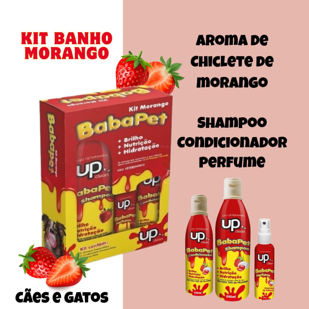 Kit Banho Aroma de Morango Cães e Gatos - Shampoo + Condicionador + Perfume - Up Clean