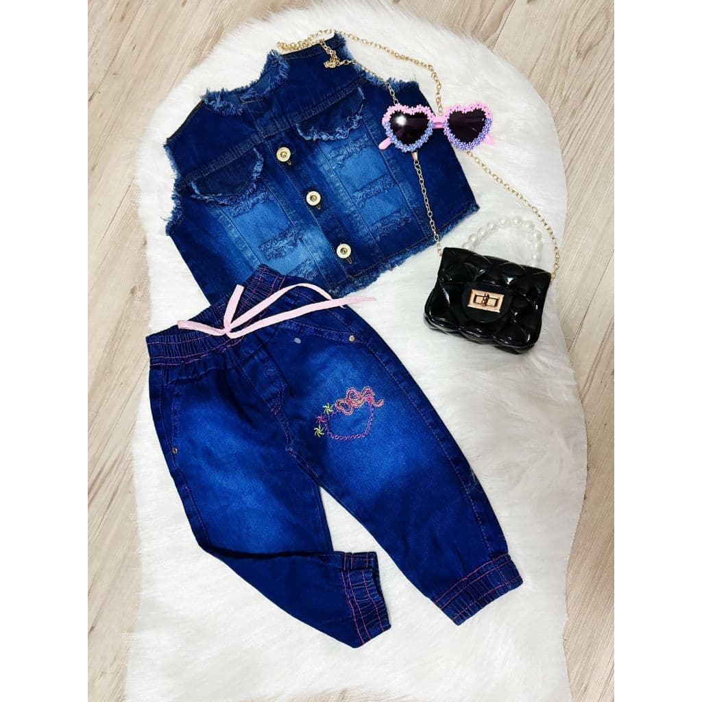 Conjunto Jeans Molinho Menina 01 a 03 anos Colete e Calça Jogger