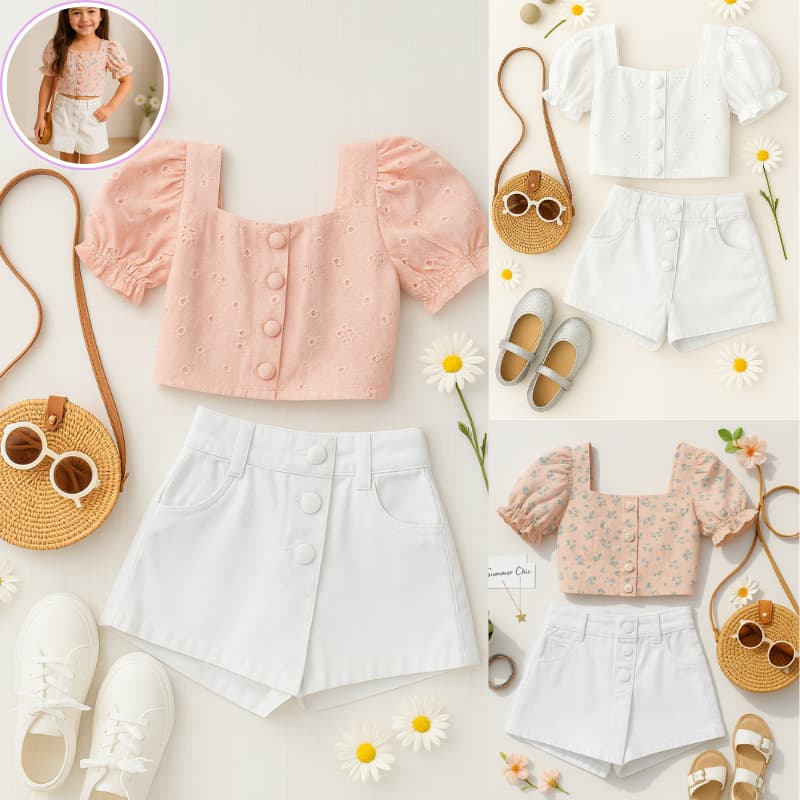 Conjunto Infantil  Menina Super Chic – Cropped  + Shorts-Saia Jeans | Tamanho 2,4,6,8,10