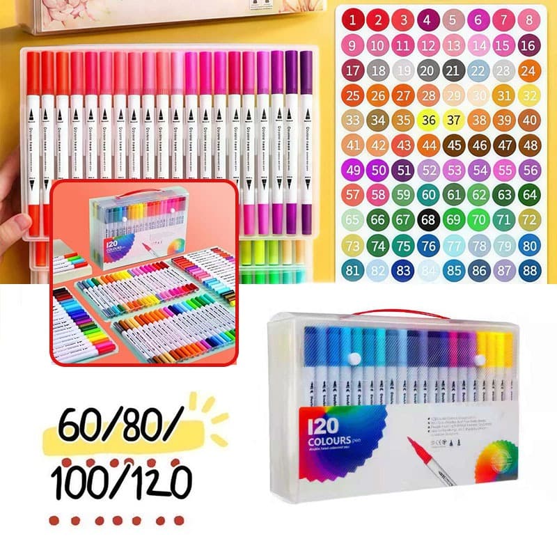 Kit 120/100/80/60 Canetas Dual Pen 2 em 1 Brush e Ponta Fina p/ Lettering, Desenho e Colorir