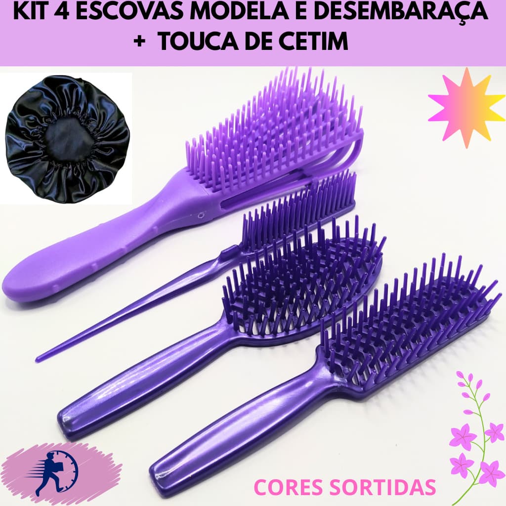 Kit Completo Para Cachos 4 Escovas + Touca de Cetim