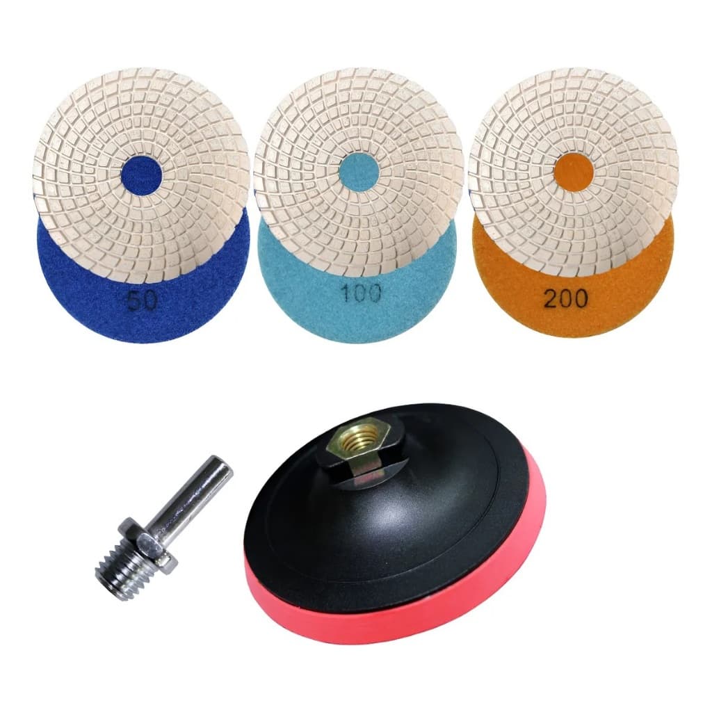 kit 3 discos de lixa diamantada aderente + suporte 100mm rosca m14 com velcro + adaptador furadeira