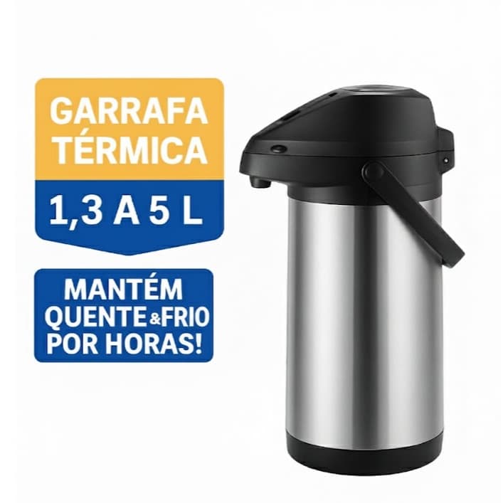 Garrafa Térmica Inox 1.3L a 5L – Quente e Frio, Alta Durabilidade
