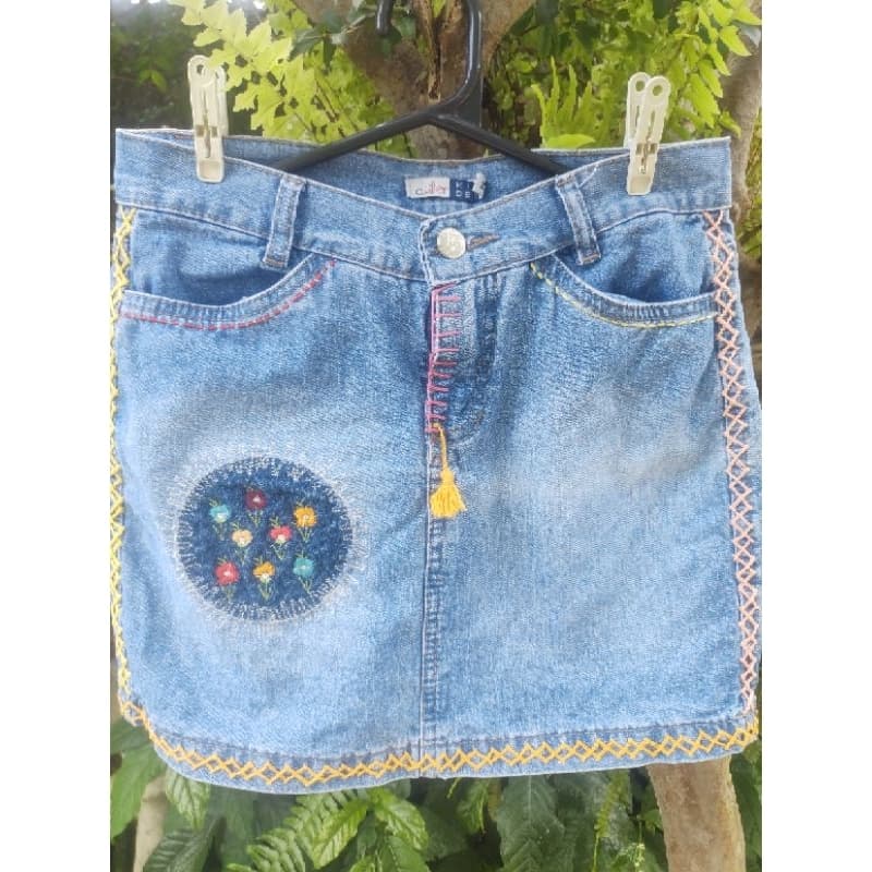 saia jeans feminina infantil juvenil bordada com bolsos linda