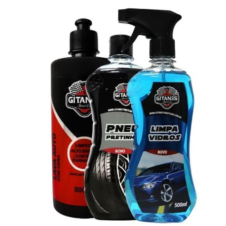 Kit Super Brilho Shampoo Automotivo 500ml + Pretinho 500ml + Limpa Vidros 500ml Gitanes