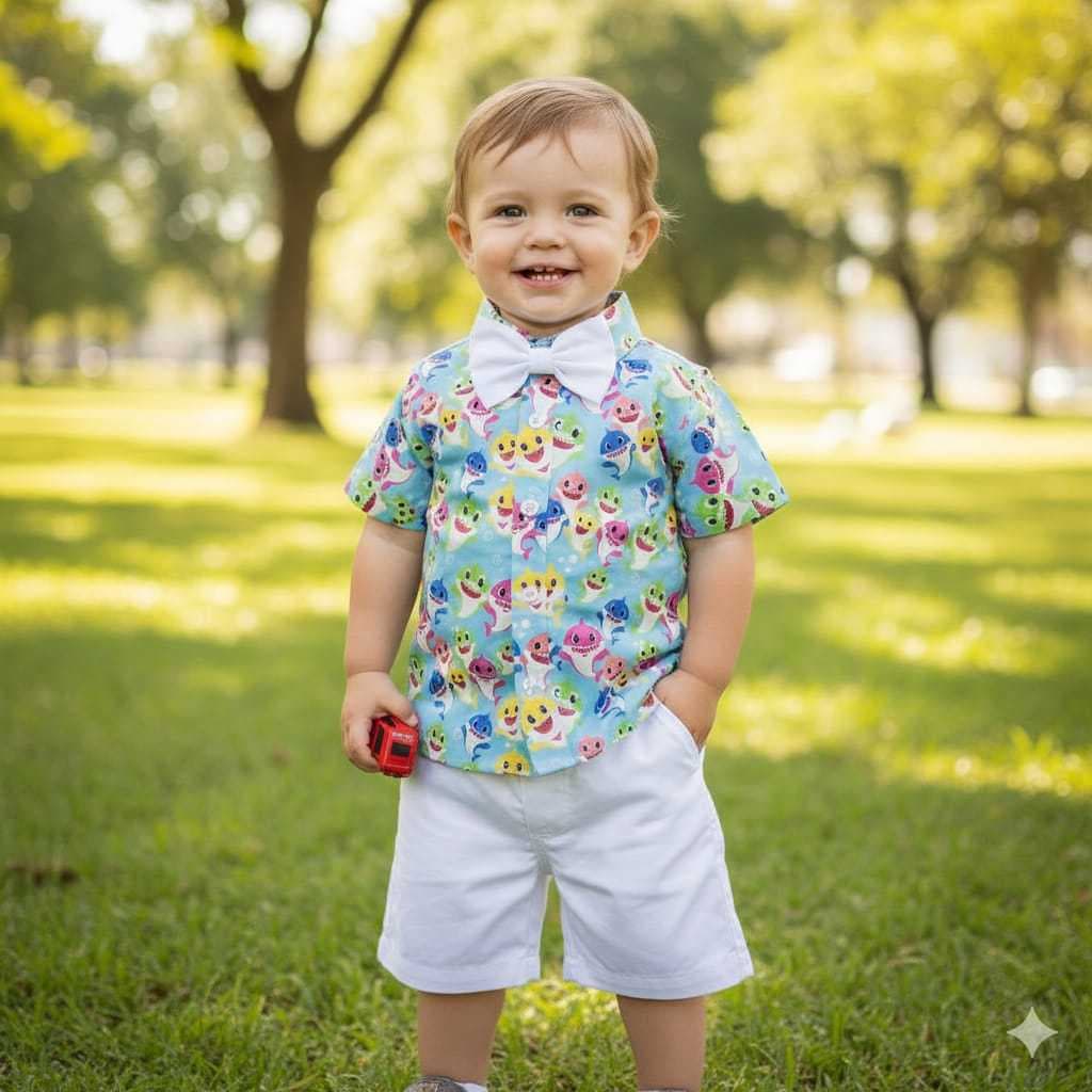 conjunto Baby Shark  camisa temática com gravata infantil festa aniversário ensaio fotográfico