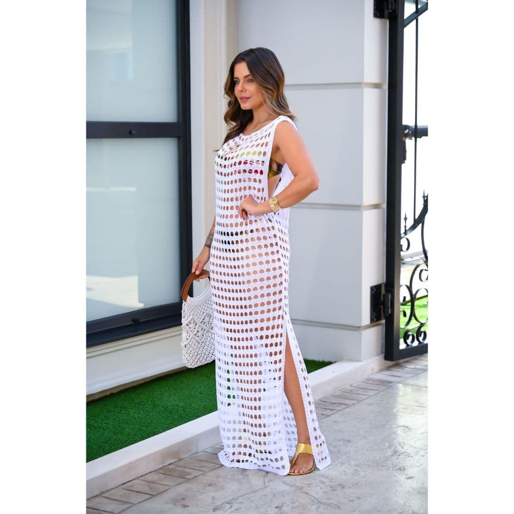 Vestido Longo Saída Praia Midi Furos Chique Elegante Alça Médio Rendado Amplo Solto