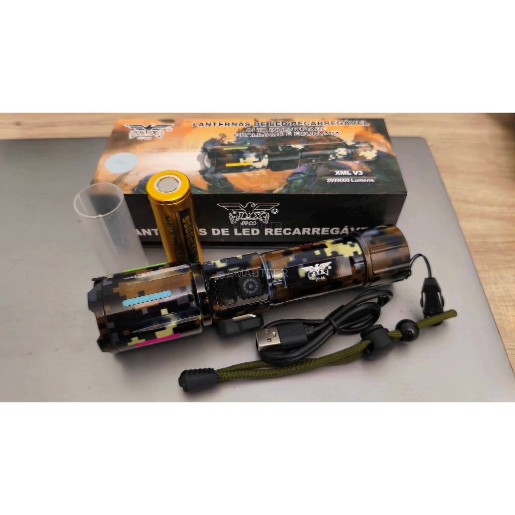Lanterna Tática JWS Led Cree Xml V3 Recarregável Camuflado Jy-a4 Luz Branca Alta Potência