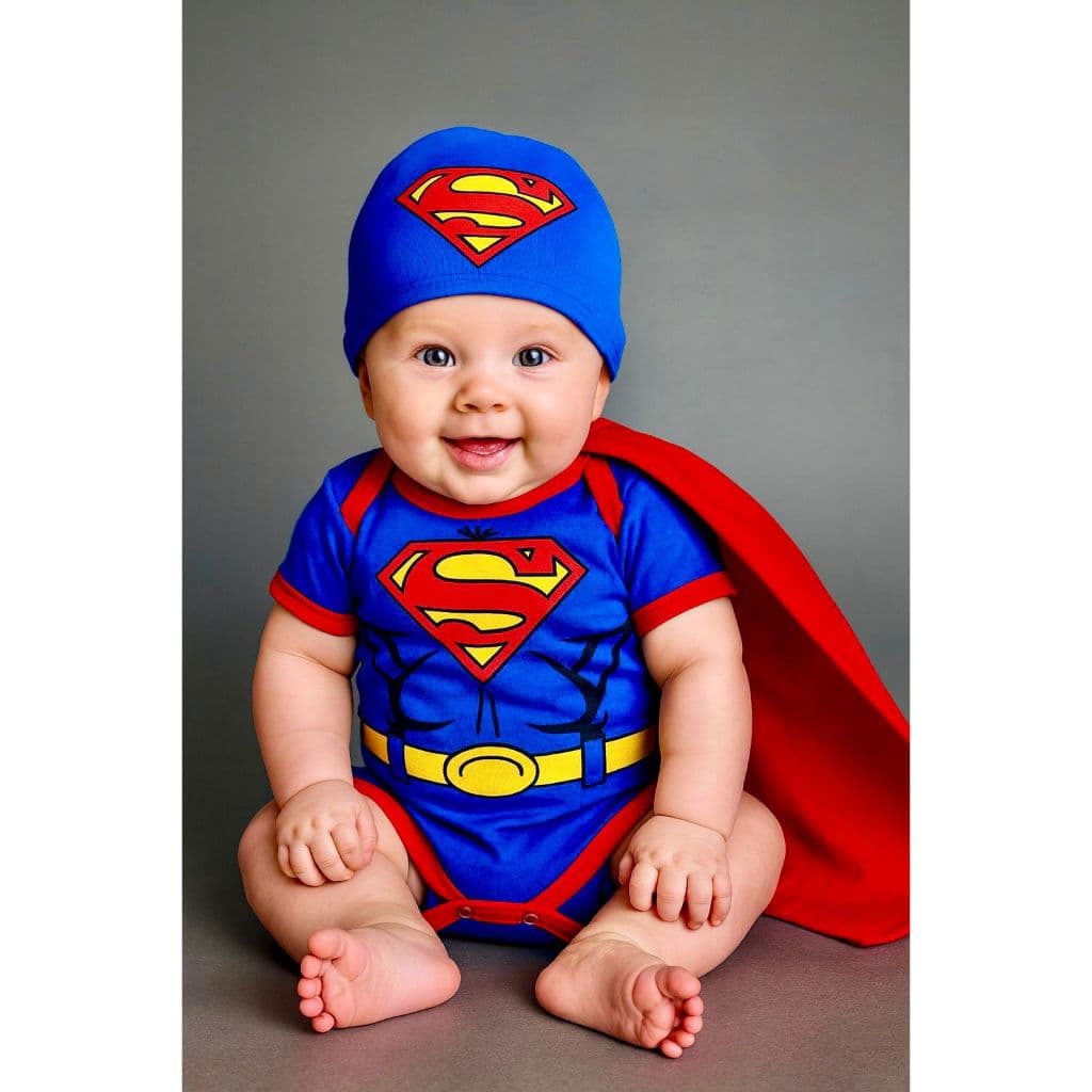 Body Bebê Superman - Body Temático Super Homem Body Super Heroí Body Com Capa Fantasia para bebê Body de Menino