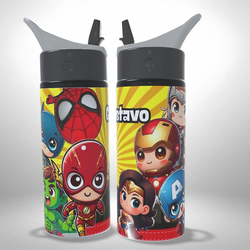 Garrafa Squeeze Avengers Chibbi Com Nome Infantil Escolar Presente