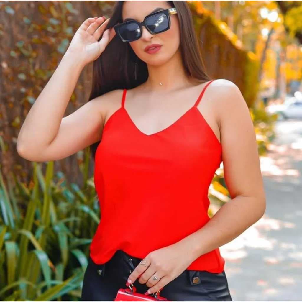 Regata Alça Fina Com Regulagem Tecido Crepe Blusinha Feminina Elegante Moda Verão Soltinha Básica