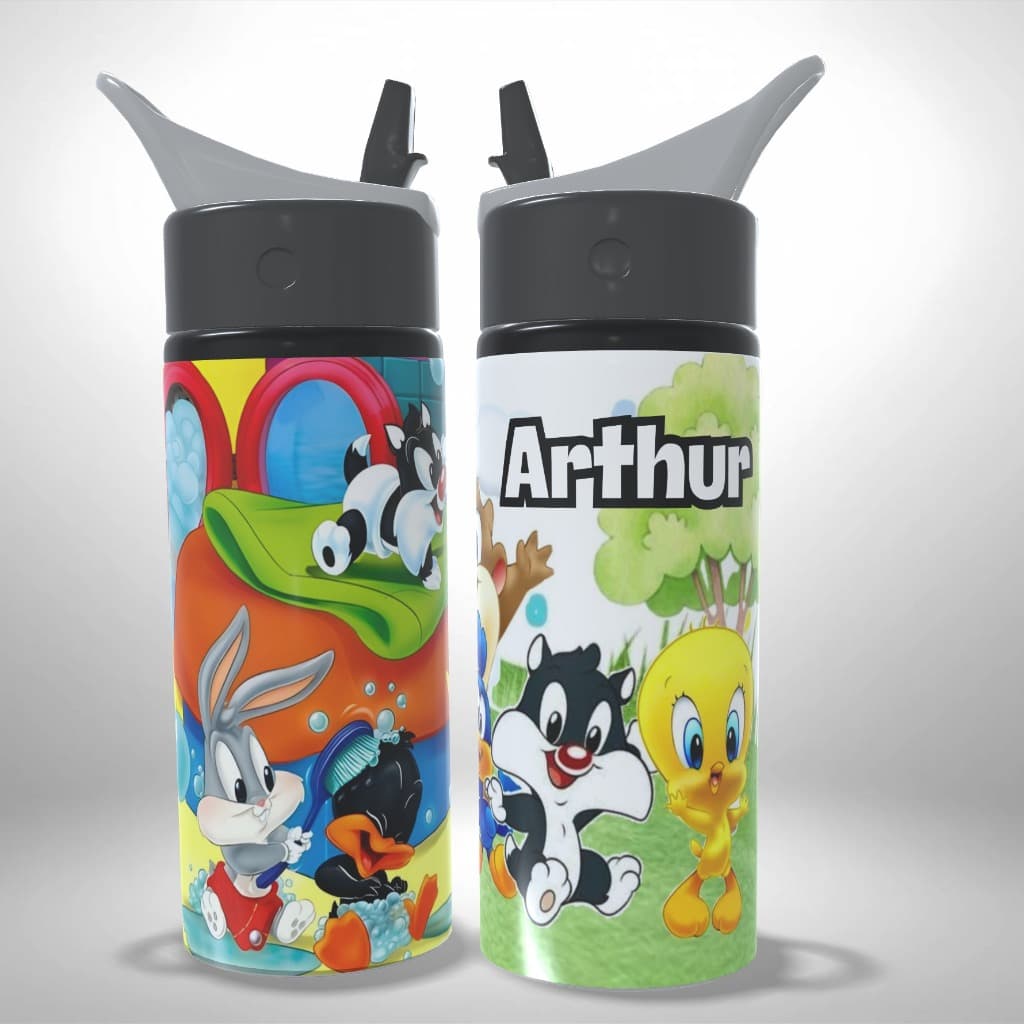 Garrafa Squeeze Alumínio Looney Tunes Baby Com Nome Infantil Escolar Presente R5