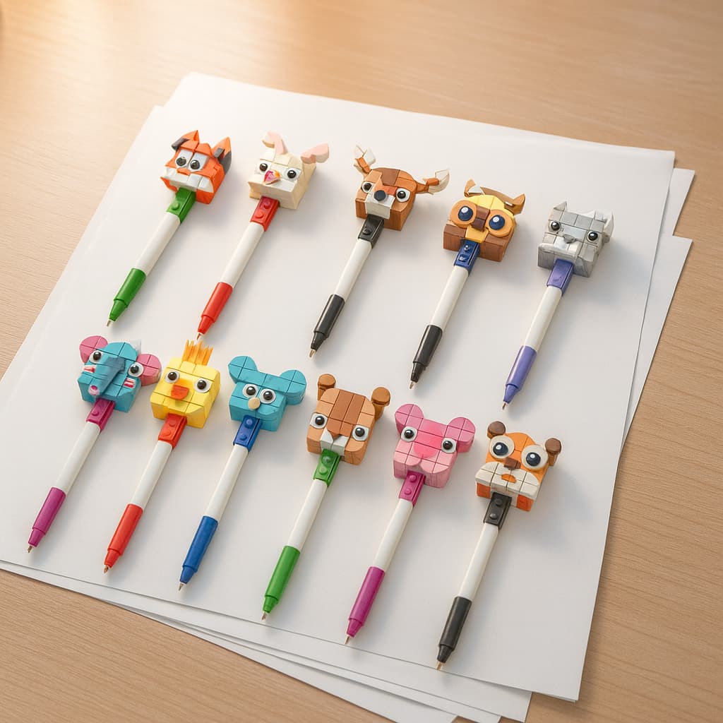 Kit 12 Canetas Blocos Coloridos de Montar Encaixar Sortido Educativo Criativo Escolar Infantil
