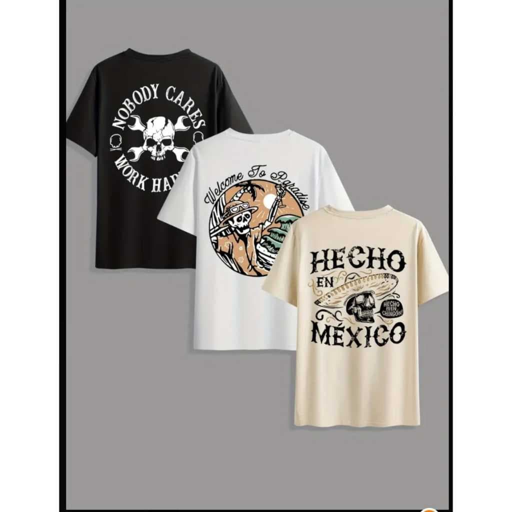 Kit 3 Camisetas Masculinas 100% Algodão Estampadas Frente/Costas Caveiras Work Hard Paradise México Camisas Casuais