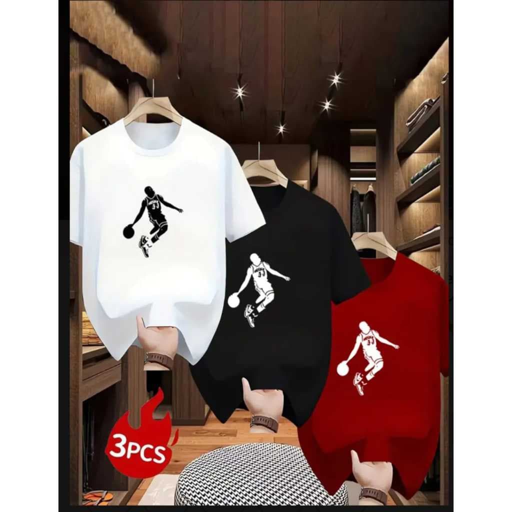 Kit 3 Camisetas Masculinas 100% Algodão Macia Confortável Estampadas Silhueta Basquete Atleta Esporte Camisa Casual