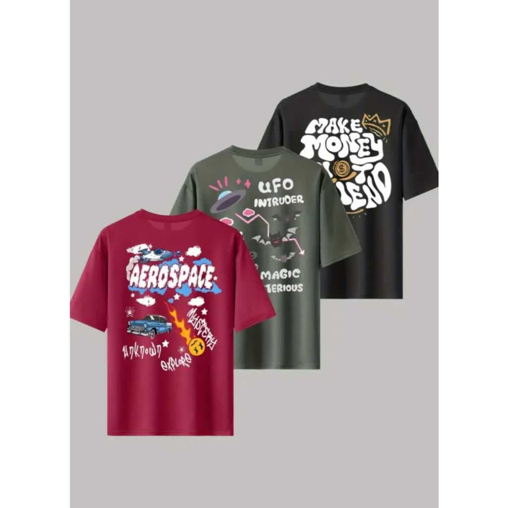 Kit 3 Camisetas Masculinas 100% Algodão Estampadas Nas Costas Aerospace ETs Make Money Camisa Gráfica Casual Streetwear