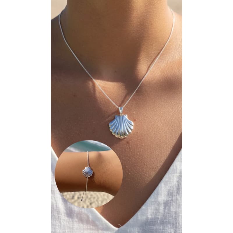 Conjunto Colar e Pulseira Concha do Mar Vintage Feminino Folheado Prata e Dourado Praiano