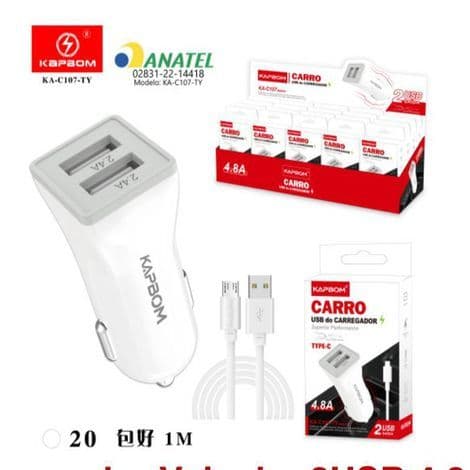 Carregador De Celular TYPE-C Veicular 12V 4.8A ANATEL KAPBOM Certificação ANATEL