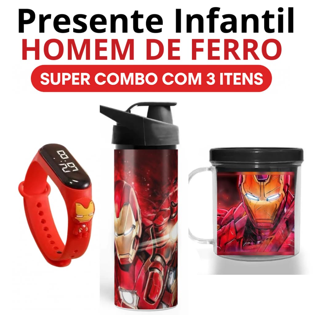 Kit Homem de Ferro – Garrafa, Copo e Relógio Digital | Presente Menino, Aniversário, Dia das Crianças, Natal