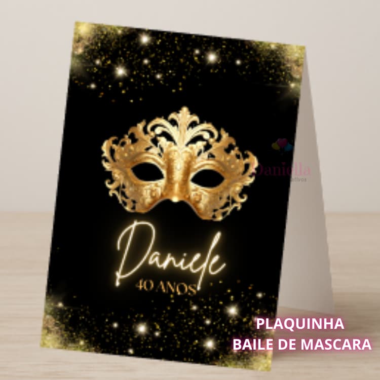 Plaquinha Agradecimento Baile de Máscaras – Preto e  Dourados (30 anos, 40 anos, 50 anos...)