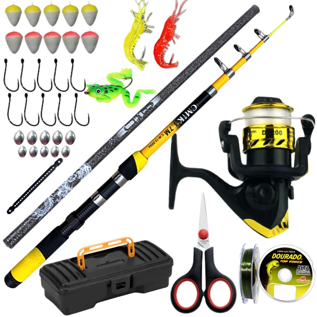 Kit Molinete de Pesca Vara Telescopica Mão 3,60 Caniço Isca Artificial Mar Rio Presente Amigo Pai ..