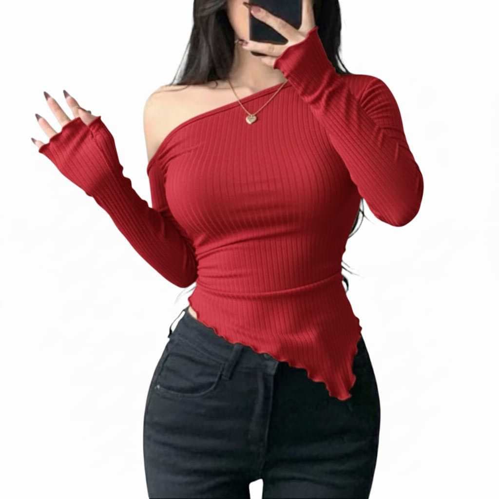 Camiseta Casual Lisa Manga Longa Com Ombro Assimetrico, Ribana Canelado