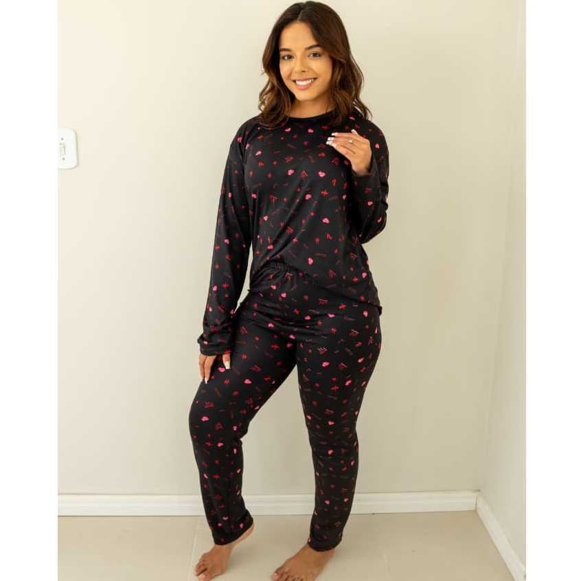 Pijama  Feminino Tecido Suede Premium Para Dormir Conforto Fechado Manga Comprida Inverno Frio Noite