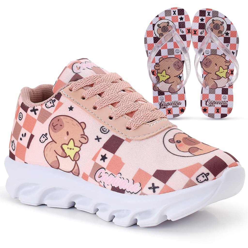 Kit Tênis Infantil Capivara Menina + Chinelo Infantil Capivara
