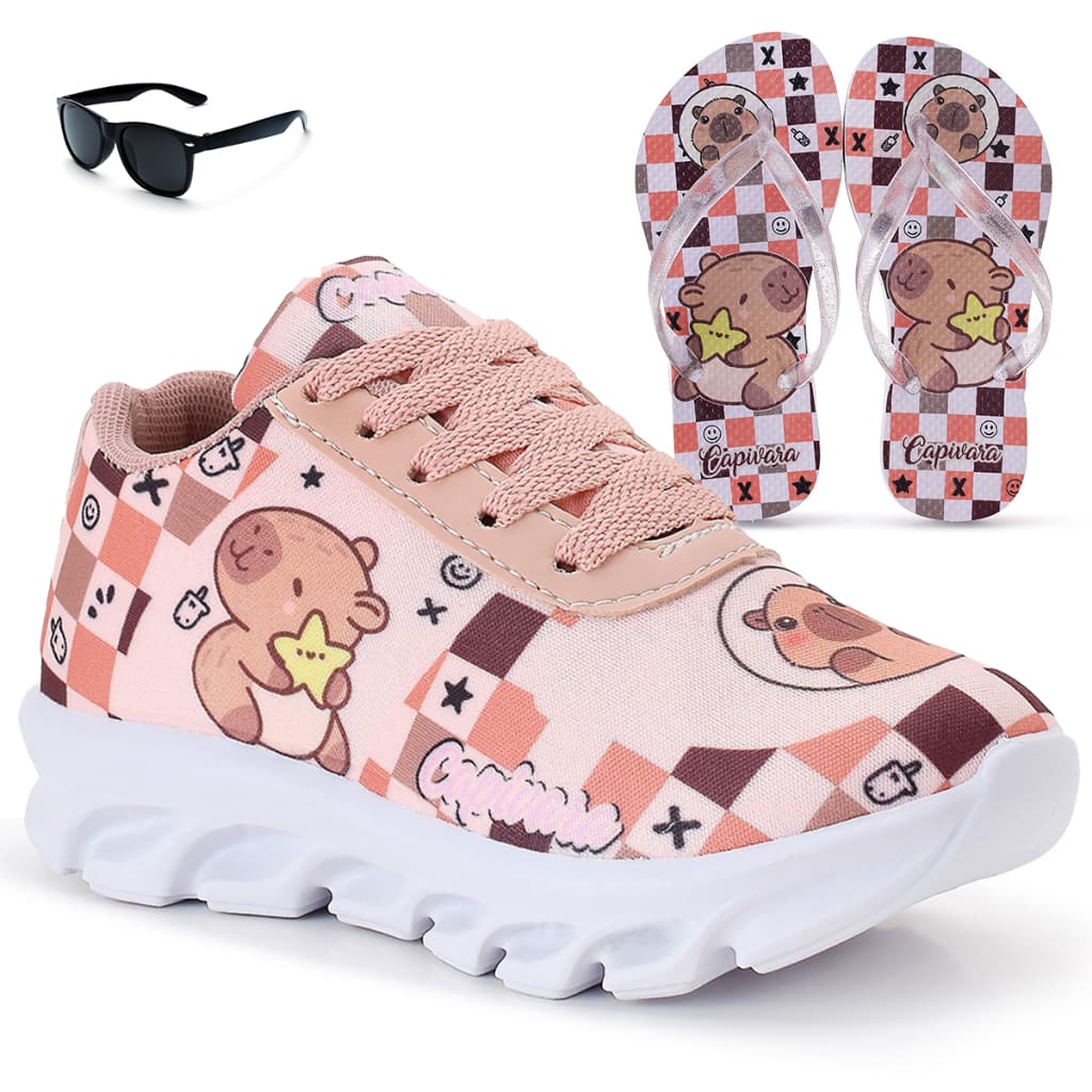 Kit Tênis Infantil Capivara Menina Casual + Chinelo Infantil + Óculos All Kids