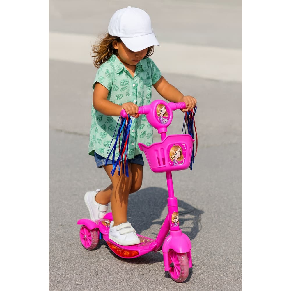 Patinete Infantil Dobravel C Cestinha Som Luz Azul Rosa 3 Rodas