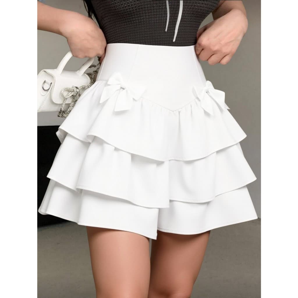 Saia Feminina da Moda De Cor solida dupla camada com babado Casual elegante Em camadas Nó borboleta Bainha com babado Pr
