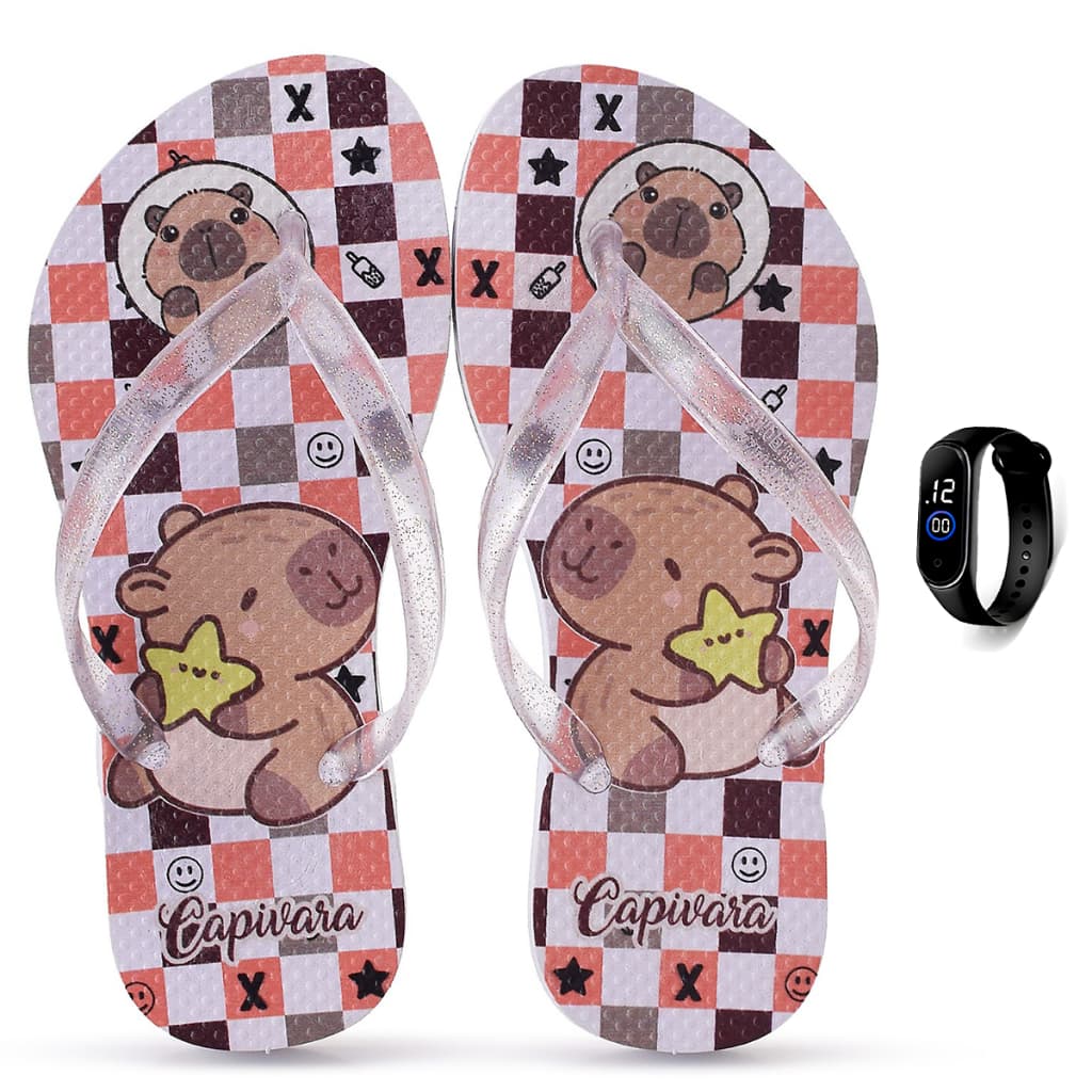 Kit Chinelo Infantil Capivara Menina Casual + Relógio Infantil
