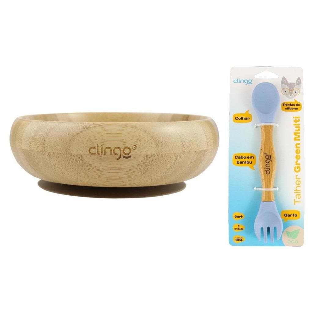 Kit Alimentação infantil de Prato E Talher Duplo Colher e Garfo Bambu e Silicone Infantil Clingo
