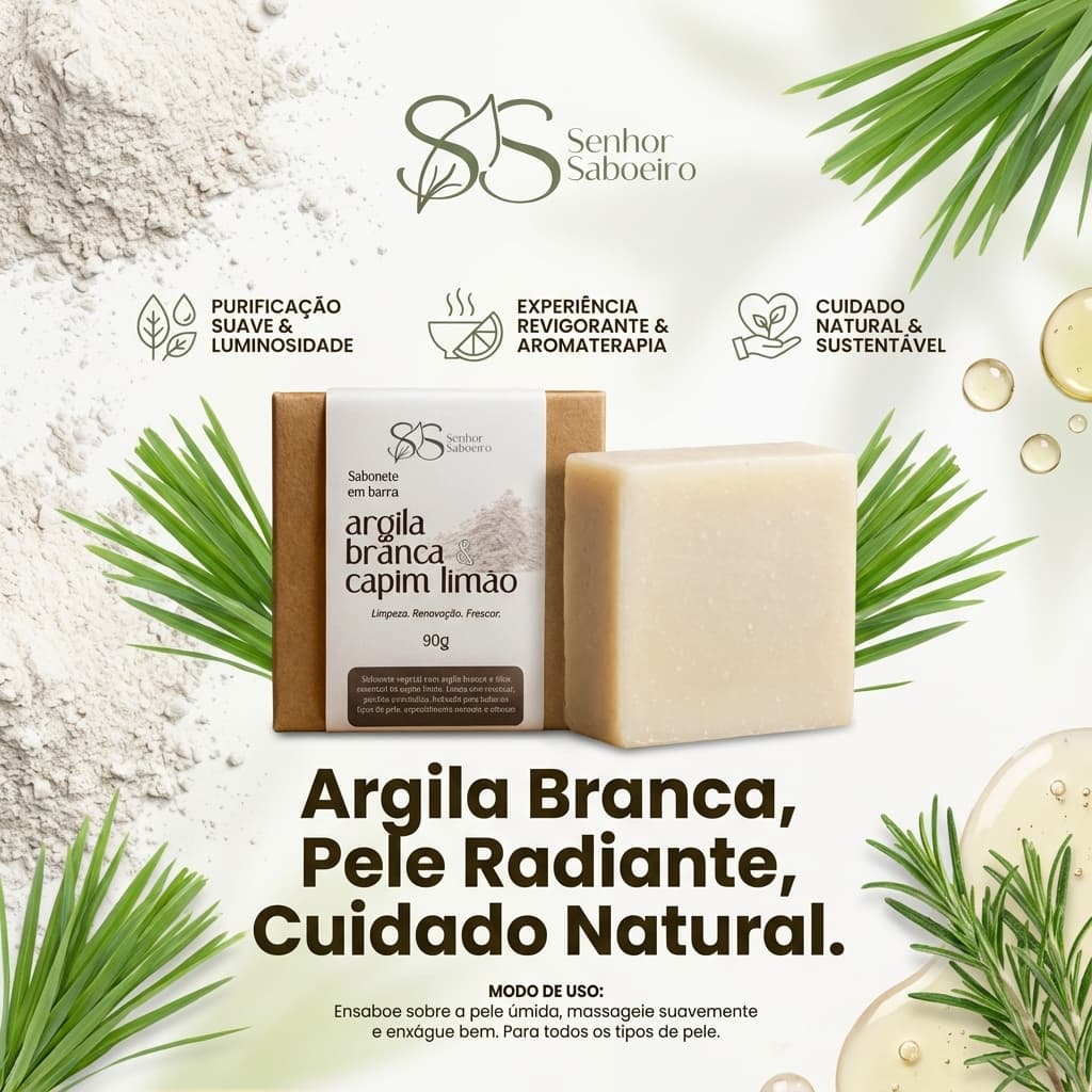 Sabonete Uniformizador Argila Branca com Óleo Essencial Lemongrass - Clareador Hidratante 90g
