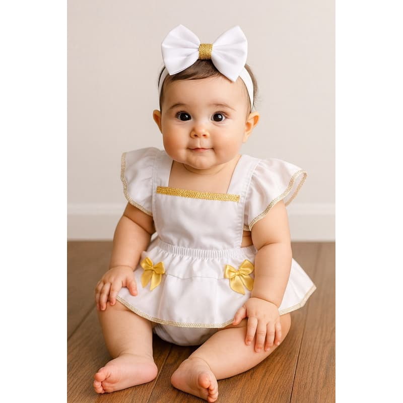 jardineira romper temático bebe menina Ano Novo mesversario Roupa festa Branca e dourada baby Book meu primeiro ano novo