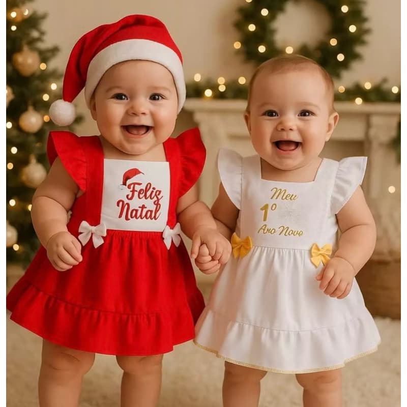 Kit jardineira romper festas bebe menina natal papai Noel mesversario Roupa festa natal mamãe Noel meu primeiro ano novo