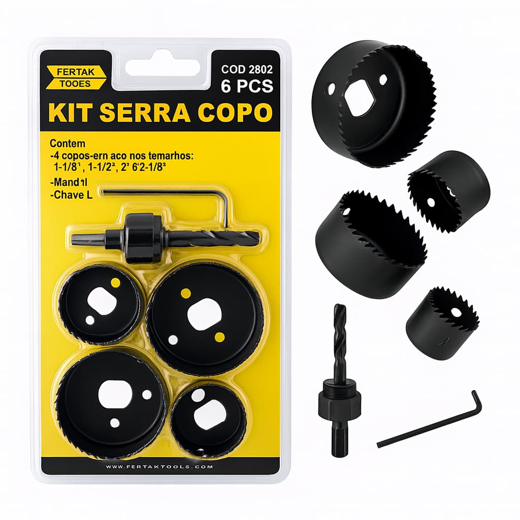Serra Copo 6 Peças Fertak Aço Com Mandril 1/4 Chave Allen Fura Madeira Plástico Gesso