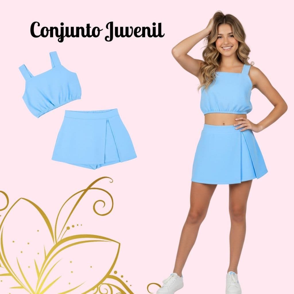 Conjunto Infantil Juvenil Menina Short Saia e Cropped Feminino DUNA Blogueirinha Verão 10 12 14