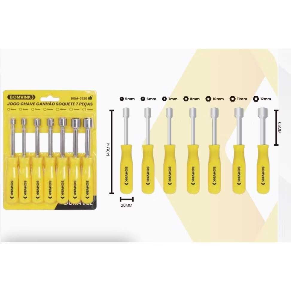 ogo de Chave Canhão 7 Unidades Profissional Aço Cromo Vanádio 5 a 12 Cabo Resistente Kit 7 Manual
