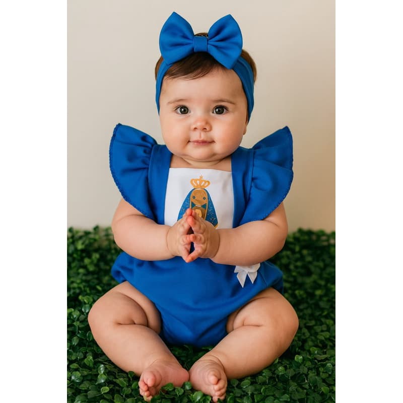 Romper Nossa Senhora Aparecida jardineira temática para mesversario batizado book festa batismo nossa senhora padroeira