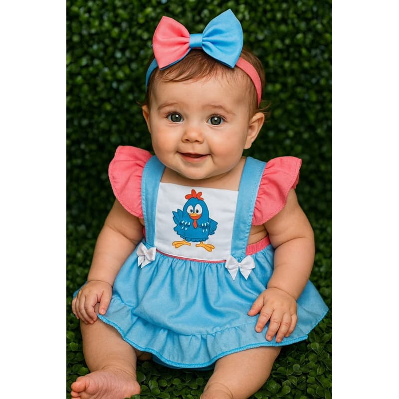 Jardineira romper vestido bebe menina galinha pintadinha rosa fazendinha cocó  azul rosa look tematico Mesversário book