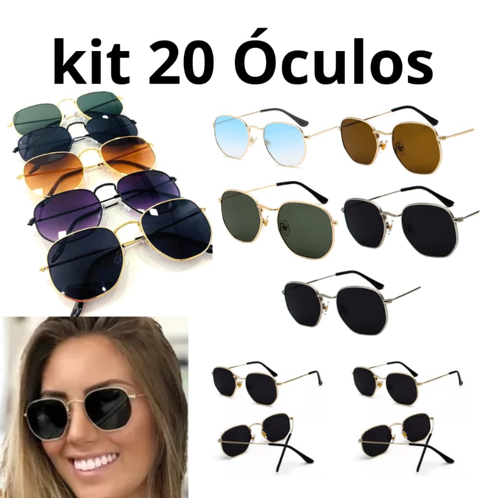 Kit 20 UN Oculos de Sol Hexagonal Moda Pra Masculinos E Femininos Atacado mmMais barato