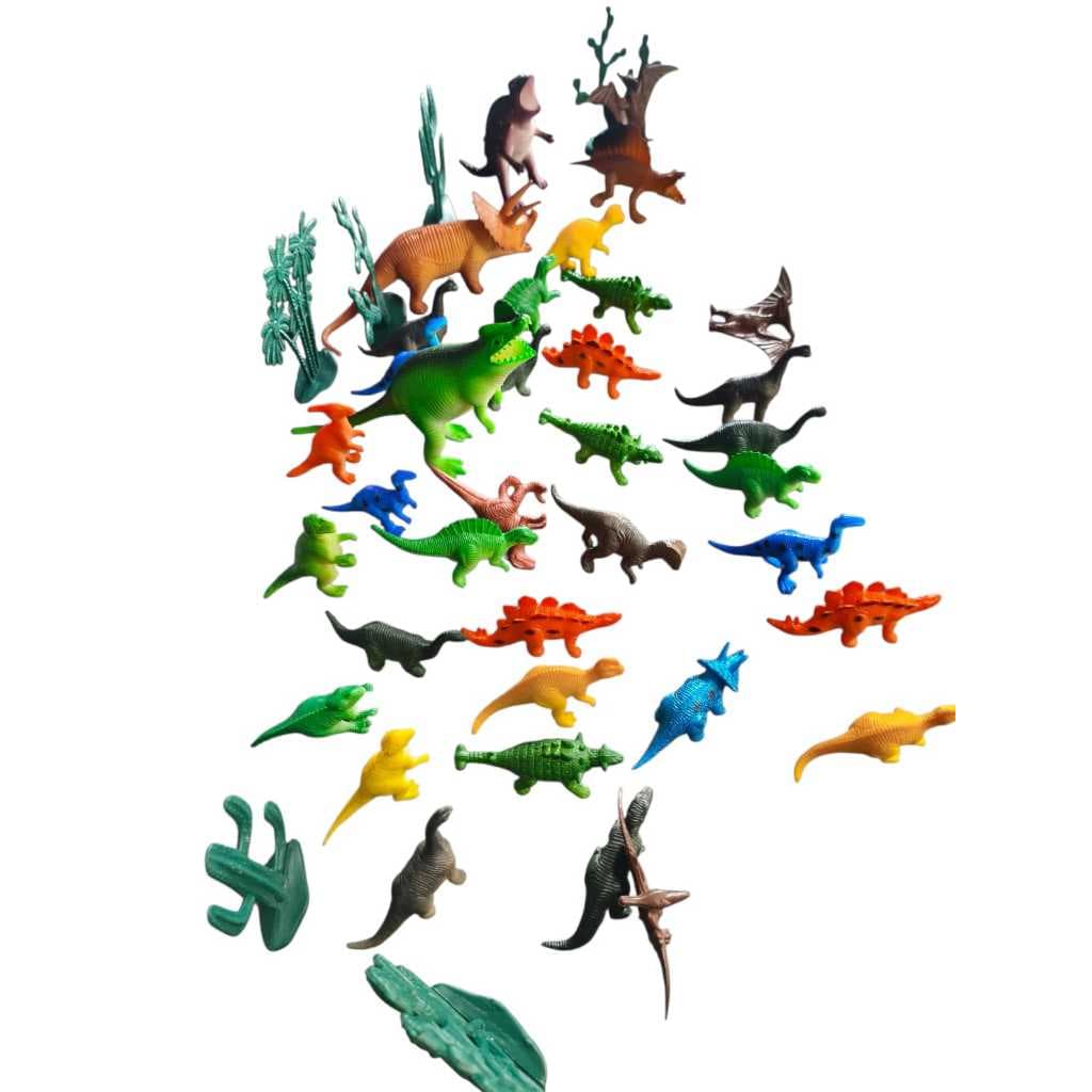 Kit 36 Dinossauros em Miniatura + 6 Árvores de Plástico • Brinquedo Infantil • Mini Figuras Dinossauro