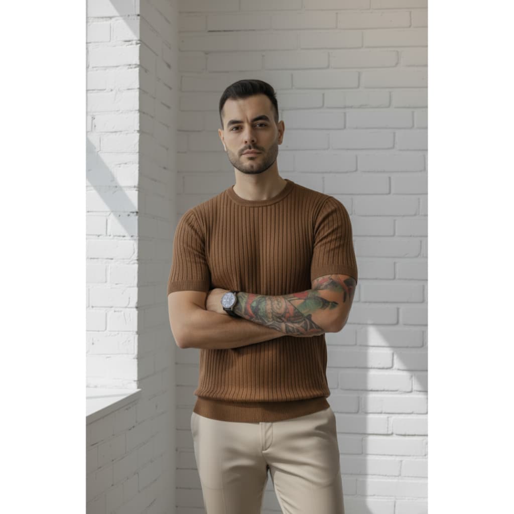 Camisa de Tricô Masculina Premium  Manga Curta Gola Redonda Canelada
